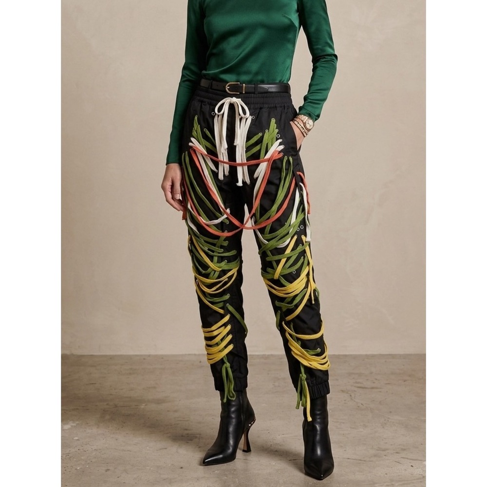 Athina Joggers Womens S Black Multi Color Lace Up Eyelet Streetwear AP5806 Exc